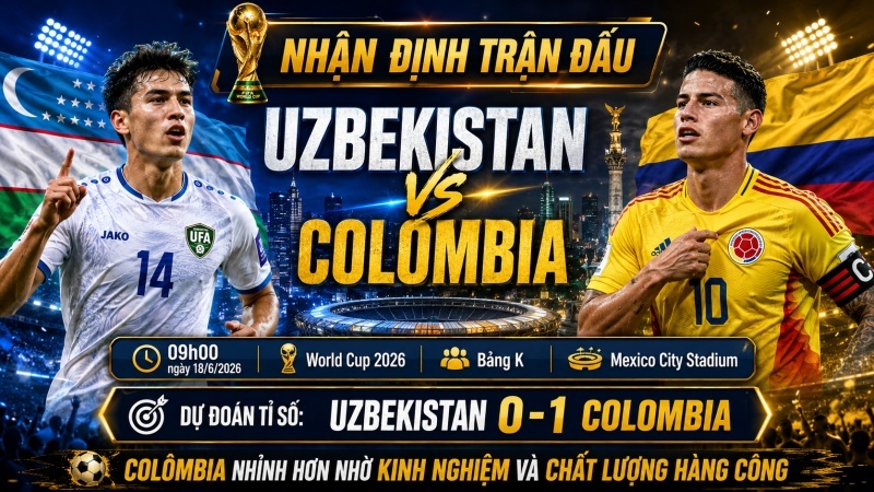 Nhận định Uzbekistan vs Colombia, 09h00 ngày 18/6: Dự đoán tỉ số World Cup 2026