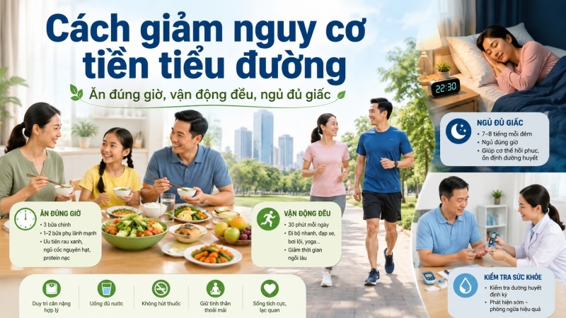 Cách giảm nguy cơ tiền tiểu đường bằng ăn đúng giờ vận động đều và ngủ đủ giấc