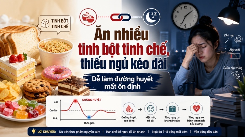 Ăn nhiều tinh bột tinh chế và thiếu ngủ kéo dài dễ làm đường huyết mất ổn định