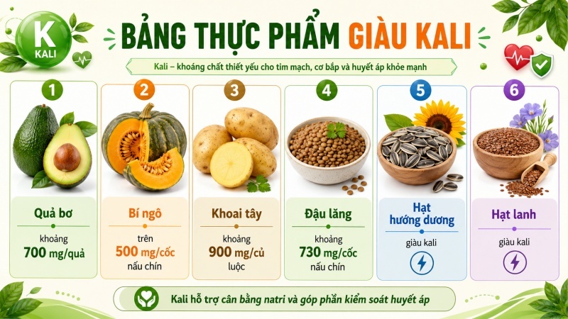 Bảng thực phẩm giàu kali gồm quả bơ bí ngô khoai tây đậu lăng hạt hướng dương và hạt lanh